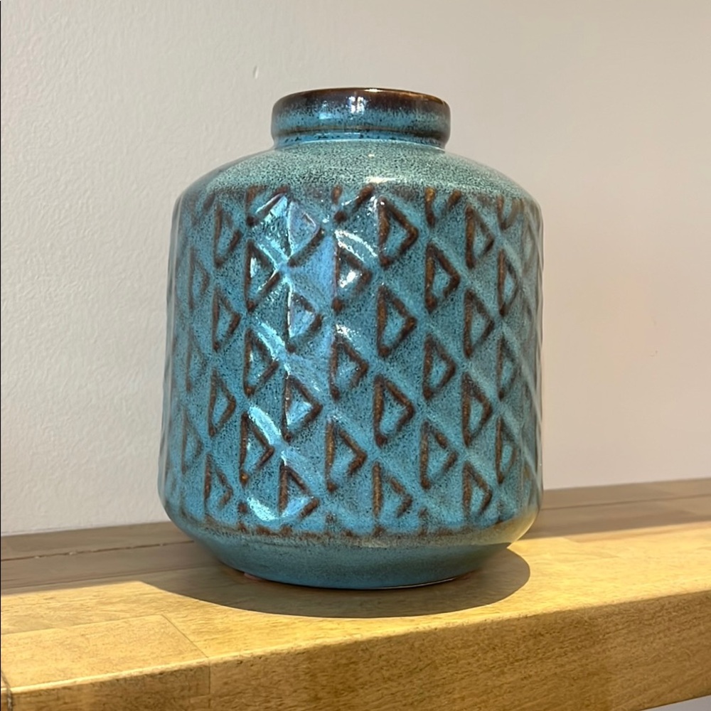 West Elm Ceramic Pottery Vase Turquoise w/Brown Geometric Accents